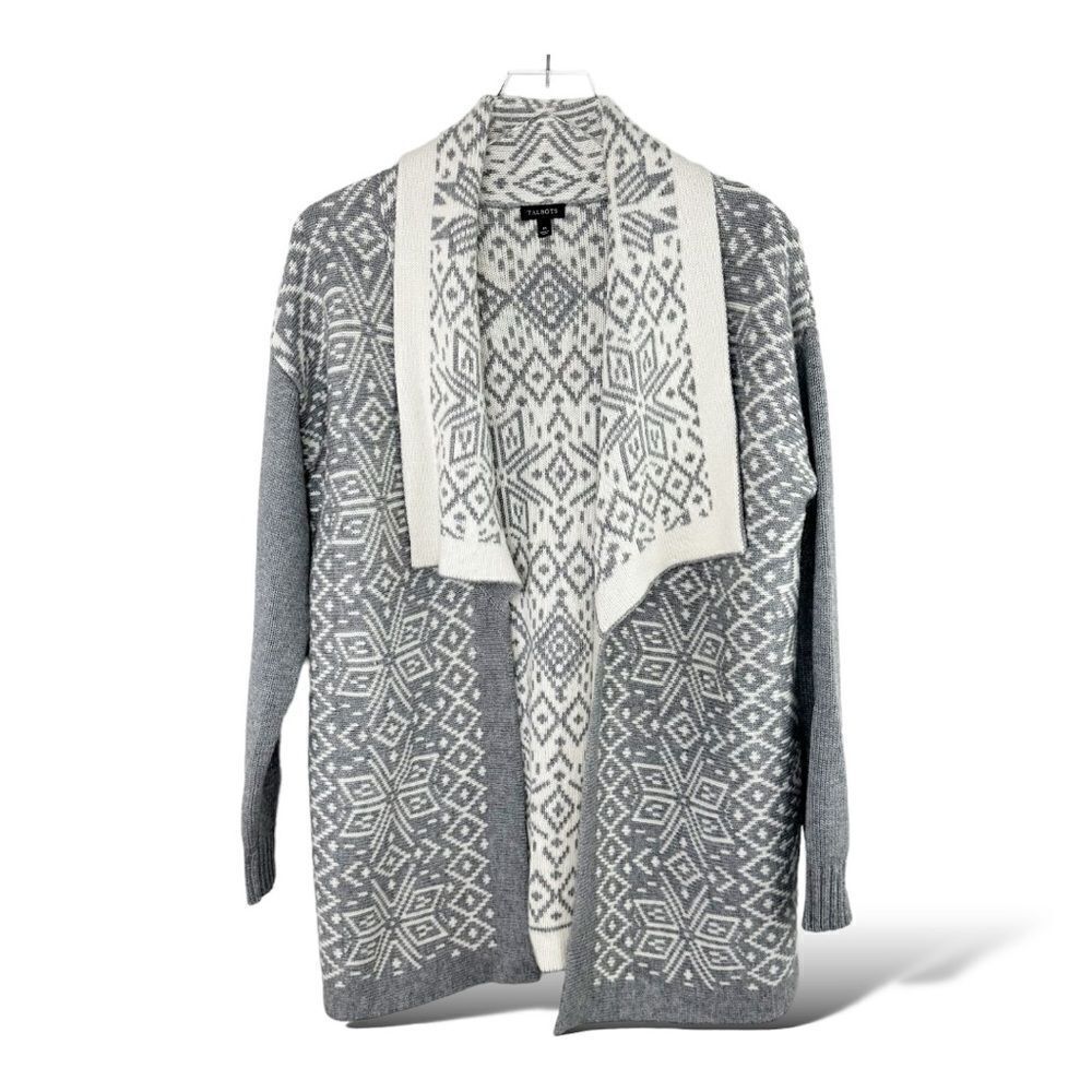 Talbots Cream Gray Patterned Cashmere Wool‎ Open Front Thick Comfy Cardigan Sz M